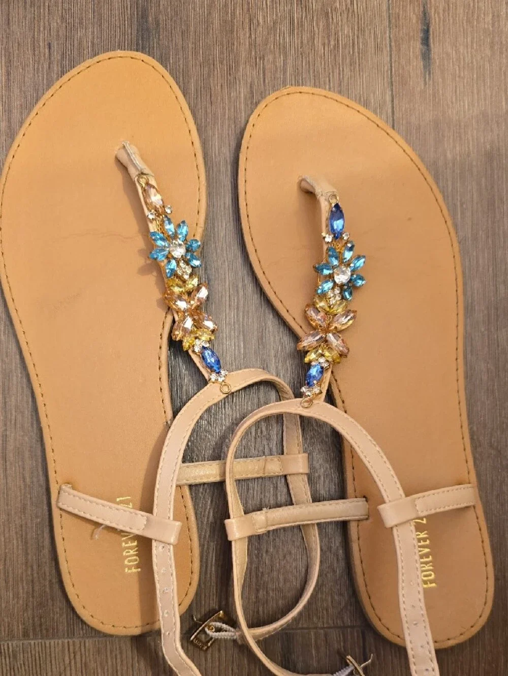 Forever 21 Beige Jeweled T-Strap Sandals with Blue & Gold Gems